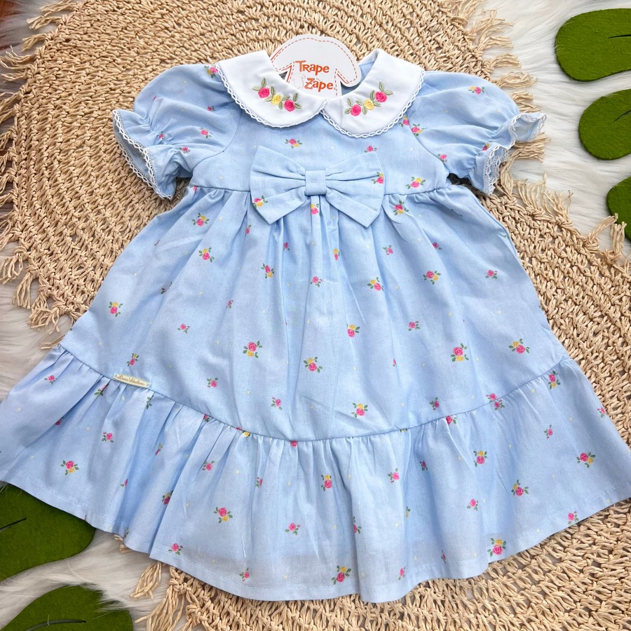 Vestido Azul Floridinho com gola bordada
